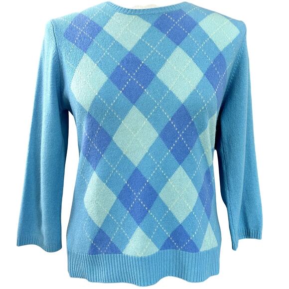 Griffen 100% Cashmere Argyle Crewneck Sweater M Blue Preppy Academia Knit - Picture 1 of 8